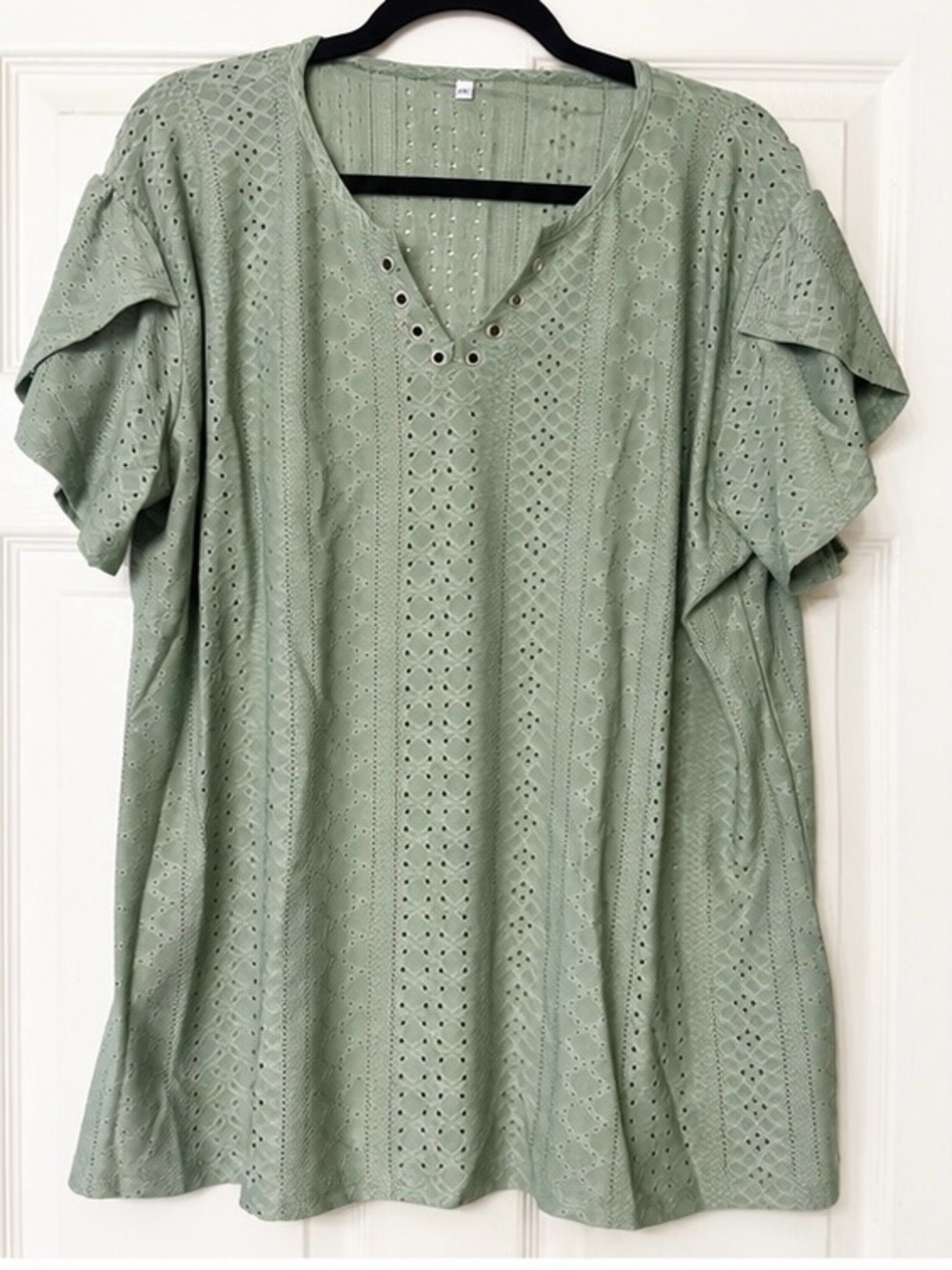 Sage Green Eyelet V-Neck Short Sleeve Blouse